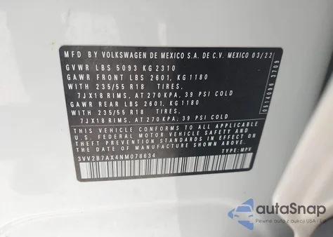 2022 Volkswagen Tiguan 2.0T Se from USA, damaged, VIN 3VV2B7AX4NM078634